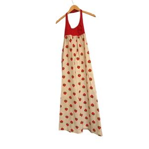 Vtg 70s Lanz Originals Strawberry Halter Maxi Dress Red Gingham Cottagecore sz S